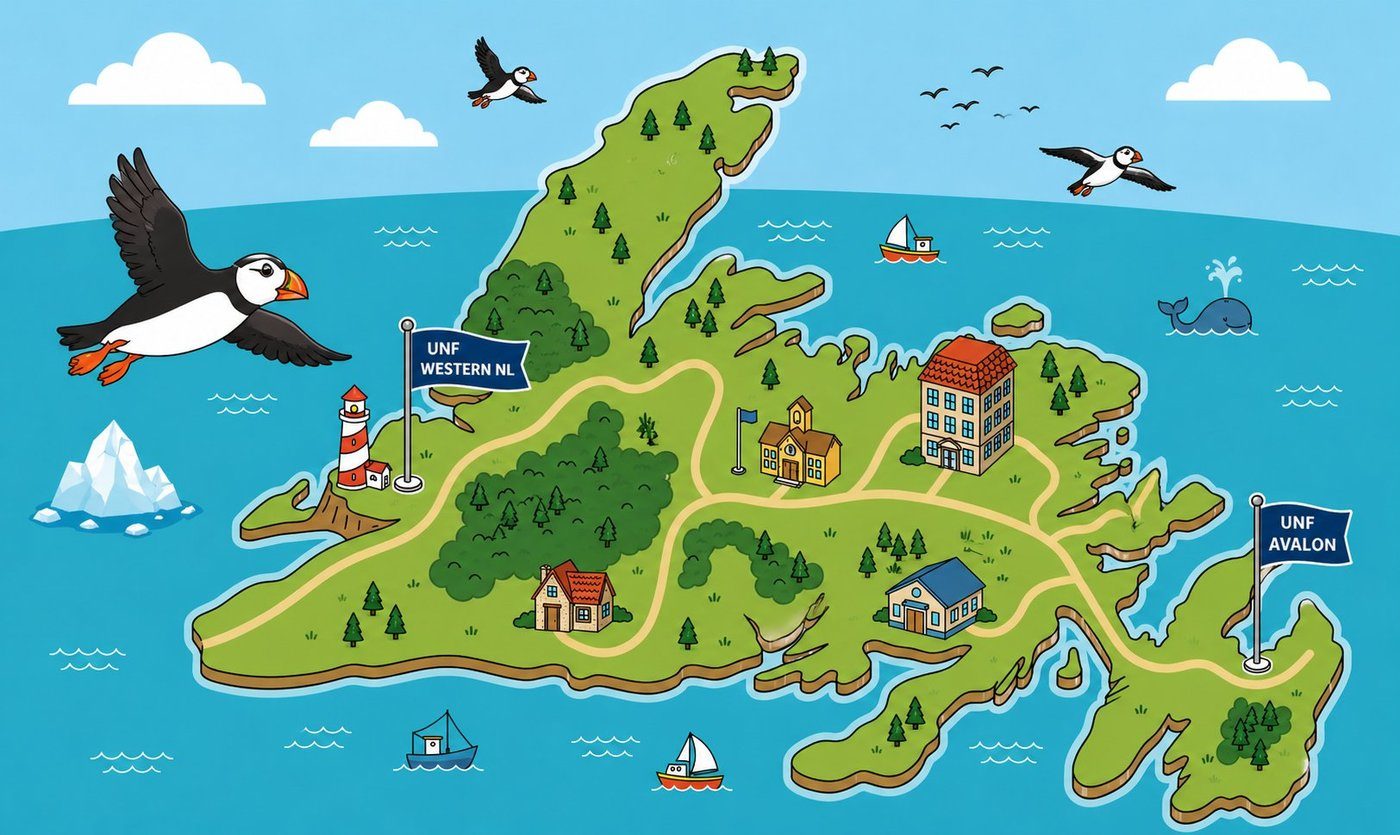 Illustrated map of Newfoundland with UNF Avalon and UNF Western NL flag locations